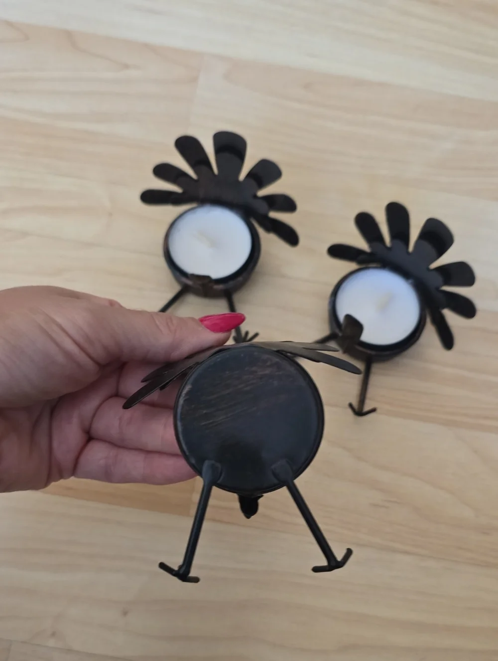 Thanksgiving Handcrafted Brown Metal Turkey Tea Light Candle Holders - Set of 3